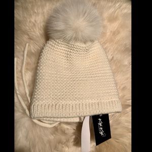 Wool blend winter hat with fur pom